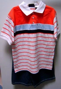 Claiborne Boys Stripe Polo Shirt Denim Shorts Playwear Set Orange White Sz 7 - Picture 1 of 3