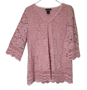 Investments Womens Blouse M Tunic Crocheted Lace Pink Wedding Party Formal - Picture 1 of 9
