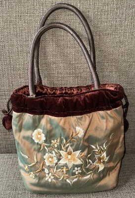 Beaded Bag Gold Drawstring Bucket Purse Evening Pouch Handmade Satin - Image 1 of 4