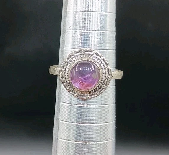 Vintage Amethyst Ring Purple Cabochon Size 5.75 Silver Plated Etched Bezel Set - Image 1 of 4