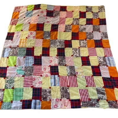 Handmade Patchwork Quilt Throw Blanket Red Yellow Blue Plaid Floral Poms - Image 1 of 4