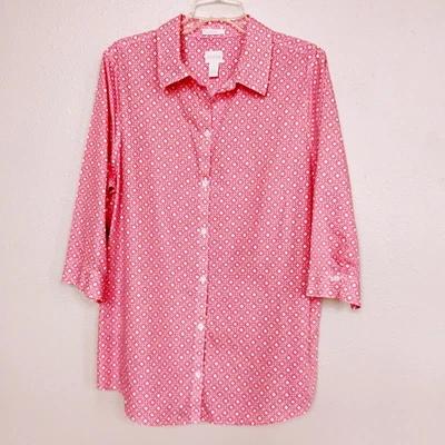 Blusa Chico's Sin Hierro Salmón/Naranja 3/4 Slv Algodón Abotonada ~ Talla 3 (16-18) Foto 1 de 4