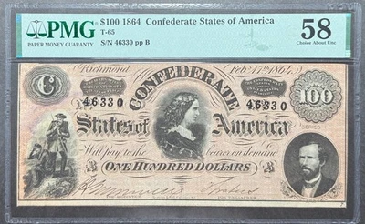 T65 PF-2 1864 $100 Estados Confederados de América CSA S/N 46330 PMG 58 Foto 1 de 2