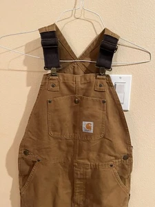 Carhartt Overalls Youth Size 12 BOY LARGE Brown Canvas Bib Loose Fit Double Knee - Picture 1 of 16