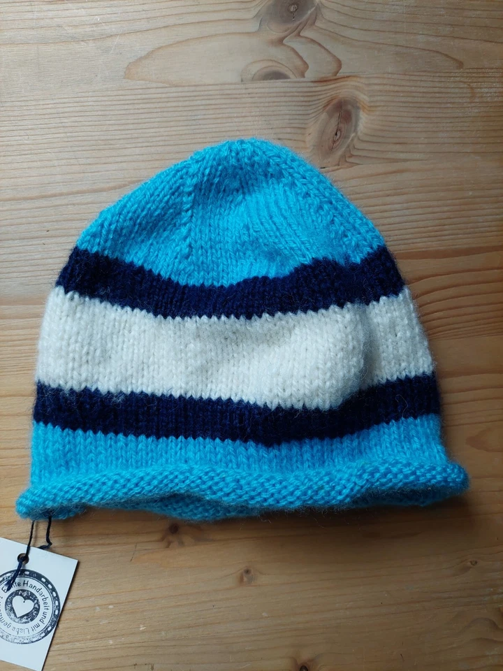 Babymütze Beanie Erstlingsmütze, Neugeborene, gestrickt, dunkelblau/weiß/hellbl. - Bild 1 von 1