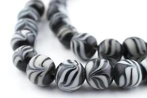 Black Glass Islamic Feather Beads 11mm Indonesia Black and White Round