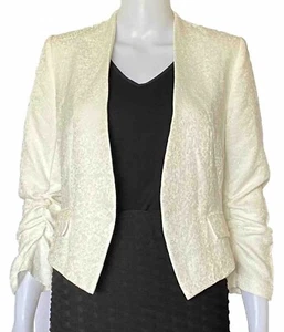 SES Open Jacket Womens Size 12 White Long Sleeve Ruched Sleeve Short Jacket - Picture 1 of 5