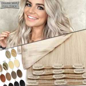 Thick Double Weft Clip In Remy Real Human Hair Extensions Full Head highlight US - Picture 1 of 52