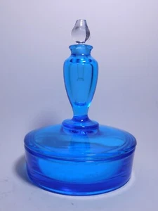 Vintage Dpression Era Blue Glass Puff Powder Box with Perfume Lid - Picture 1 of 13