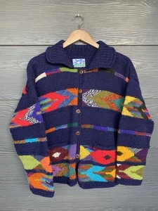 Maglione cardigan multi boho vintage Frantic 100% lana fatto a mano taglia L/XL anni 80 90 - Foto 1 di 14