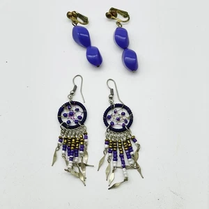 Set 2 Damen Ohrringe Boho Traumfänger Perlen Hänger Lila Clip-On Silber - Bild 1 von 7