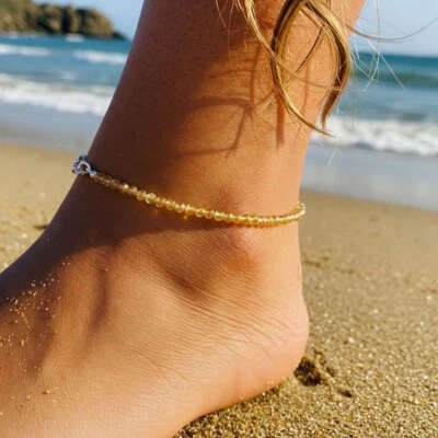 Delicada tobillera con cuentas de cristal amarillo citrino natural con cadena plateada regalo para mujer Foto 1 de 4
