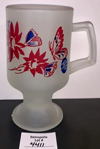 Indiana Tiara Frosted Glass Footed Mug Red & Blue Butterfly and Flowers - Picture 1 of 13