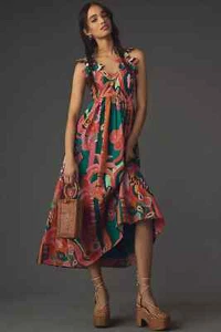 NWT Anthropologie Farm Rio Pleated Palm Midi Dress Cutout XSP Petite #9H426 - Picture 1 of 14