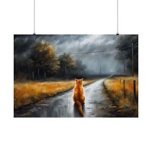 Rainy Day Serenity: Orange Cat Oil Painting, Street Scene, Home Decor, Wall Art - Picture 1 of 21