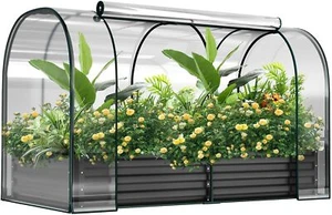 SLSY Galvanized Raised Garden Bed with PVC Cover 2 Roll-Up Windows Planter Box - Picture 1 of 8