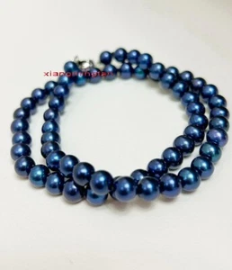 top luster 18"6-7mm natural real round TAHITIAN BLUE black pearl necklace 14K - Picture 1 of 6