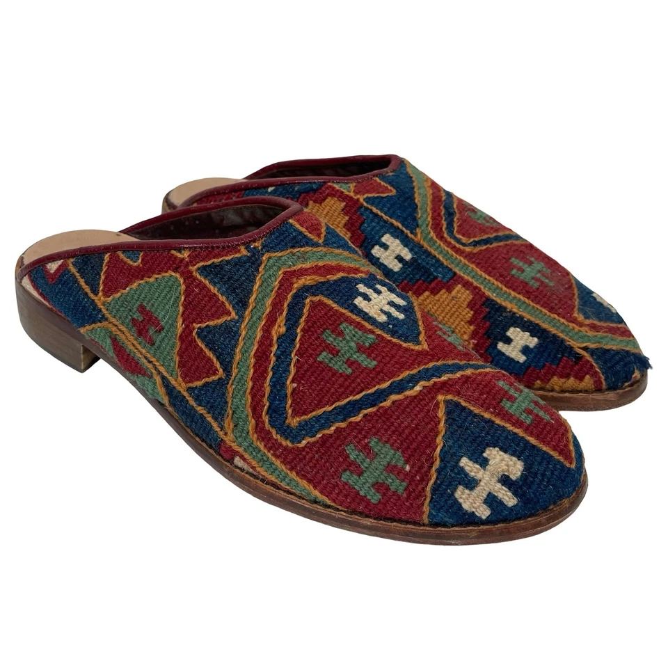 Vintage Turkish Kilim Aztec Pattern Clogs Mules 7 100% Wool Tapestry Boho - Image 1 of 4