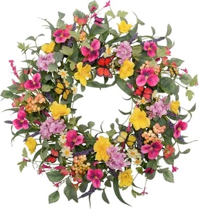 20 inch Flower Wreath Spring Door Artificial Flowers With Butterflies - Picture 1 of 5