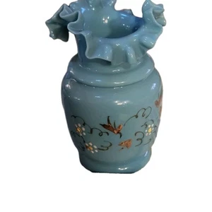 Blue Opaline 5" Glass Vase With Ruffled Top & Handpainted Floral Design - Picture 1 of 12