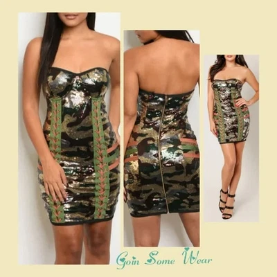 Mini vestido ceñido al cuerpo sin tirantes de lentejuelas camuflado para mujer pequeño con cremallera trasera Foto 1 de 4