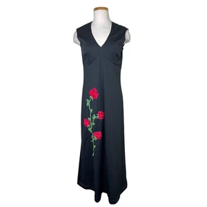 Vintage 60s Black Maxi Dress Red Rose Appliqué Sleeveless Mod Witchy XS/S - Picture 1 of 8