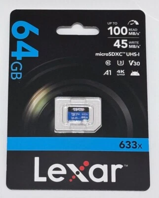 Lexar 64GB micro SDXC Blue series UHS-1 V30 U3 4K 100MB/s A1 (UK Stock) BNIP 633 - Image 1 of 4