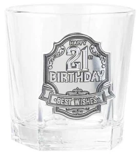 270203 21ST BIRTHDAY BEST WISHES SPIRIT WHISKY GLASS WITH BADGE IN GIFT BOX - Picture 1 of 1