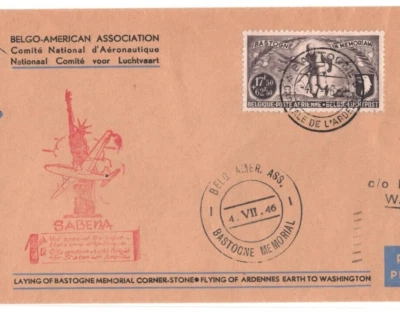 BELGIUM/USA Air Mail *BASTOGNE WW2* Cover SABENA 1946 Flight BATTLE BULGE KA294 - Image 1 of 4
