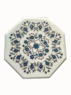 12" Marble side coffee Table top handmade floral inlay semi precious stones work - Image 1 of 4