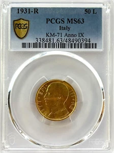 1931-R Italy, 50 Lire Gold Coin, MS 63 PCGS, Anno IX, Original European Gold. - Picture 1 of 3