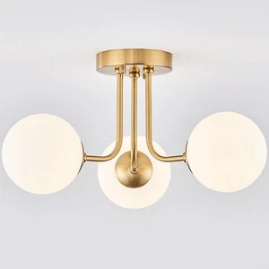 3-Light Sputnik Chandelier with Globe Milk Glass Shades & Brushed Brass Finish - Picture 1 of 6