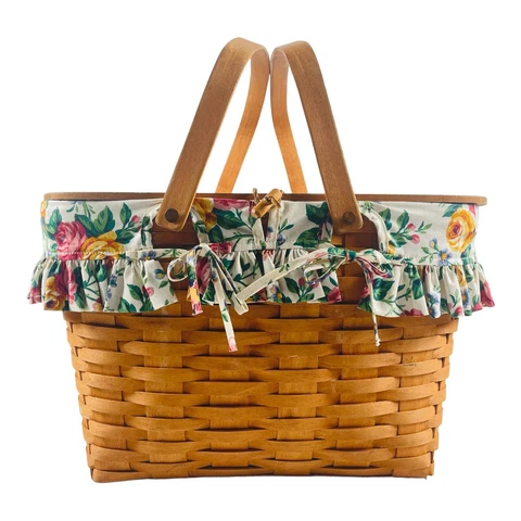Longaberger Picnic Basket Floral Print Liner Plastic Protector Lid & Stand 1999 Cover