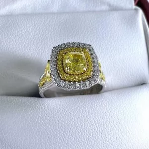 Bague de fiançailles diamant jaune fantaisie naturelle coupe coussin GIA 2,47 CT or 18 carats - Photo 1 sur 6