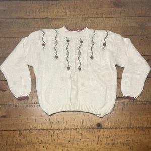Vintage 90s Floral Cable Knit Sweater L Cream Pink Mock Neck Cottagecore Granny - Picture 1 of 5
