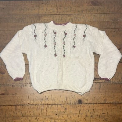 Винтажный 90-х цветочный кабель вязаный свитер L кремовый розовый насмешливый шеи Cottagecore бабушка - Изображение 1 из 4