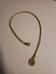 Vintage Pressed Forget Me Not 17” Necklace Gold Tone Oval Pendant - Picture 1 of 3