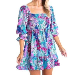 Karlie Floral Vintage Babydoll gesmoktes kurzes Kleid in Jade Größe M UVP 149 $ - Bild 1 von 11