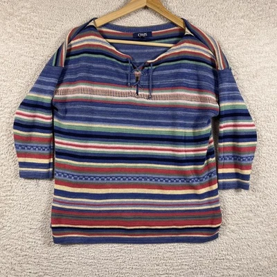 Suéter Chaps Para Mujer Mediano Rayas Con Cordones Tejido Suroeste 3/4 Lino Algodón Foto 1 de 4