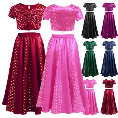 Kids Girls Ruched Satin Crop Top and Skirt Belly Dance Outfits Indian Dancewear - Image 1 of 4