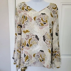 Kenar Women's Blouse V Neck Bell Sleeve Ivory Gold Pink Floral Career Size Small - Picture 1 of 10