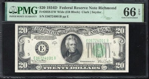 1934-D $20 RICHMOND FEDERAL RESERVE NOTE PMG 66 EPQ Fr 2058-Ew 24001 - Picture 1 of 2