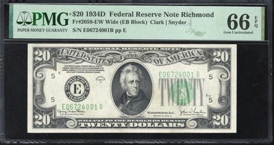 1934-D $20 RICHMOND FEDERAL RESERVE NOTE PMG 66 EPQ Fr 2058-Ew 24001 - Image 1 of 2