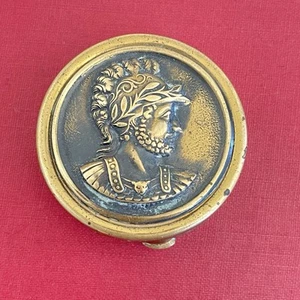 Vintage Brass Trinket/Pill Box  Raised Relief Roman Soldier Hinged Lid - Picture 1 of 10