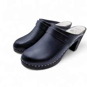 MAGUBA Clogs Black Stockholm Leather Blonde Natural Wood High - Size 38 EU (7.5) - Picture 1 of 7