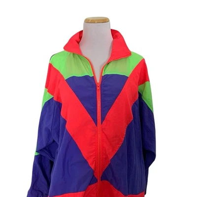 Винтажная неоновая ветровка 80-х спортивная куртка женская L унисекс на молнии с шевроном - Изображение 1 из 4