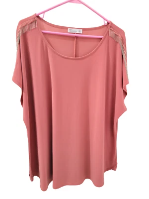 89th + Madison Top Short Sleeve Bead Tassels Deep Salmon Mauve Stretch Womens 3X - Image 1 of 4