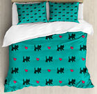 Teal Duvet Cover Set With Pillow Shams Cute Kittens Pink Hearts Print