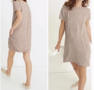 Madewell S Red White Stripe Play Button Back Linen Blend Shift Mini Dress G5305 - Picture 1 of 11