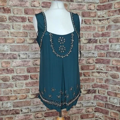 Warehouse Silk Blouse Top 14 Green Jewelled Border Cami 100% Silk - New - Image 1 of 4